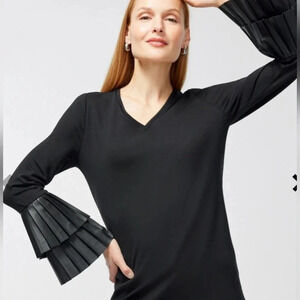 Chico's Ponte Faux Leather Pleat Sleeve Tunic Black  V-neck Size 1/M Women's
